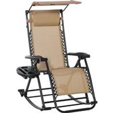 Beige Outdoor Rocking Chairs OutSunny Garden Rocking Chair Folding Recliner Outdoor Adjustable Sun Lounger Rocker Zero-gravity Seat With Headrest Side Holder Patio Deck - Beige