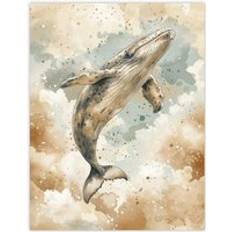 Beige Posters ARTERY8 Wall Art Print Whale Cloud Jumping W18 inch x H24 inch Poster
