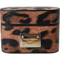 Dolce & Gabbana Brown Leopard Calf Leather Metal Logo Plaque Airpods Etui