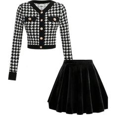 Shein Teen Girls Retro Elegant Houndstooth Cardigan with Metal Buttons and Flared Skirt Set