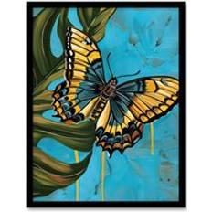 Blue Framed Art ARTERY8 Yellow Butterfly on Monstera Print W12 inch x H16 inch Framed Art
