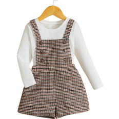 Polyamide Övriga sets Shein Young Girl Mock Neck Tee & Plaid Print Overall Dress