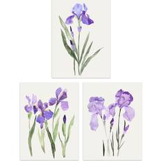 Wee Blue Coo Set of 3 Watercolour Iris Floral Flowers Purple Wall 40.5cm H x 30.5cm W Framed Art