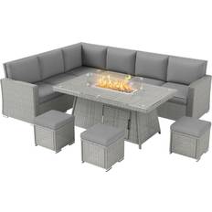 Patio set with fire pit OutSunny 7 Pieces Rattan Garden Furniture Outdoor Lounge Set
