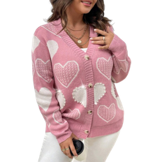 Shein Women's cardigan in plus sizes with long sleeves, heart pattern and rhinestone decoration, for winter