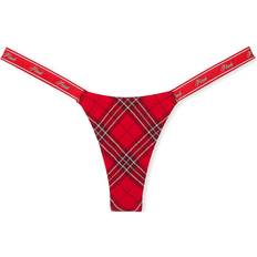 Red Underwear Victoria's Secret Pink Logo Cotton Micro Thong Panty - Bright Vermillion Plaid Print