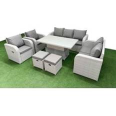 Fimous Rattan Garden Furniture 2 Seater Sofa Set Adjustable Lifting Dining or Coffee Table 2 Stools Light Grey Outdoor Lounge Set