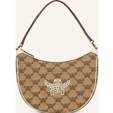 MCM Raffia Half-Moon Shoulder Bag with Logo Print - Beige