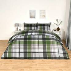 OHS Tartan Check Reversible Print And Pillowcase Bedding Set King - Charcoal/Green Duvet Cover Green, Grey (230x220cm)