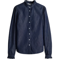 H&M Frill Trimmed Denim Blouse - Dark Denim Blue