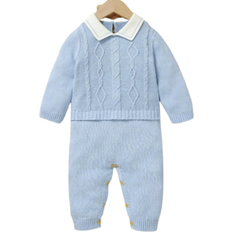 Shein Baby Boy Gentleman Style Casual Romper, Classic Cable Knit Turtleneck Long Sleeve Jumpsuit With Shirt Collar Design, Fashionable And Comfortable, Essential Baby Autumn/Winter Outfit
