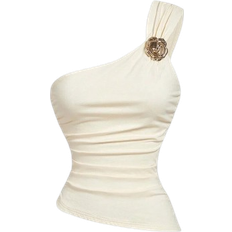 Shein MOD Women's Apricot Color Ruched Hem Gold Brooch Decor One Shoulder Camisole Top, Party Wear,Sparkle Top,New Years Women Outfit
