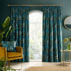 RHS Garden Walk Floral Velour Fully Lined Pencil Pleat Curtains Pair Blue