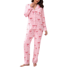 Shein 2pcs Women's Pink Bow Collar Cardigan & Pants Casual Lounge Set. Mommy And Me Matching Outfits (Sold Separately In Sets Of 3)