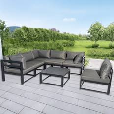 Furniture One 6 Seater L Shape Aluminium Garden Corner Sofa - Grey Outdoor Lounge Set