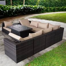 8 Seater Brown Rattan Modular Recliner Sofa with Fire Pit Table