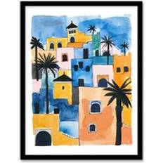 Blue Framed Art ARTERY8 Morocco African Cityscape Blue Orange Watercolour Print W12 inch x H16 inch Framed Art