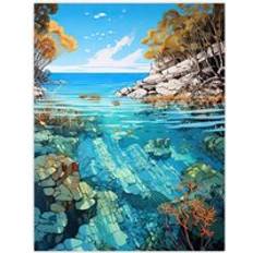 Turquoise Posters ARTERY8 Serene Coral Reef Bay Artwork Scenic Turquoise Seascape Extra Large XL Unframed Wall Art Print W24 inch x H32 inch Poster