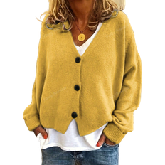 Shein 2024 Fall Winter Black V-Neck Button Front Casual Knit Cardigan Sweater For Women, Suitable For Outer Wear,Long Sleeve Tops