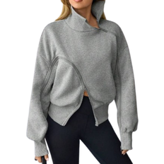 Shein Tropiluxe Women's Thermal Lined High Neck Lantern Sleeve Zip Up Sweatshirt Jacket, Warm And Stylish Design