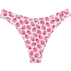 PINK Cotton High Leg Thong Panty - Optic White Strawberry Print