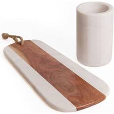 2 Pc Wine And Serving Set Including Marble Wine Cooler And Acacia Wood Cheese Serving Brown