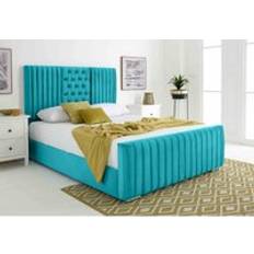 Gracie Teal Plush Velvet Matching Buttons Super King Bed Frame Blue