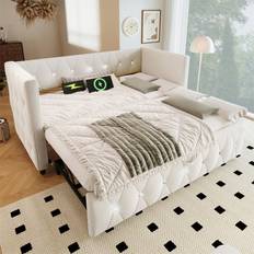 Beige with USB & Type C Charging Sations 3FT Single Daybed Single Upholstered Bed Sofa Bed - Cream