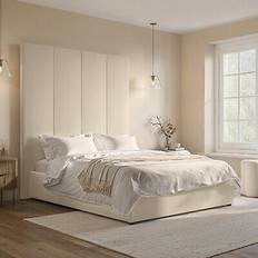 Frame Beds Beige Velvet King Size Ottoman with Wall-Mounted Headboard Frame Bed