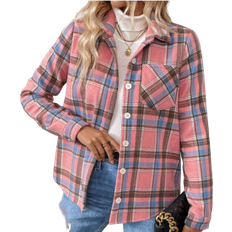 Shein LUNE Women's Autumn/Winter Long Sleeve Casual Plaid Thermal Lining Pocket Shirt, Long Sleeve Tops