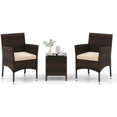 Beige Outdoor Lounge Sets Costway 3 Pieces Conversation with Cushioned Seat and Glass Tabletop Beige Outdoor Lounge Set