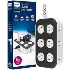 Philips surge protector, 12 outlet, 2 usb-a, 1 usb-c, 3000j, braided cord, 6f