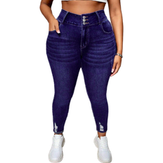 Shein PETITE CURVE Plus Size Women Blue Denim Ripped Skinny Stretch Jeans