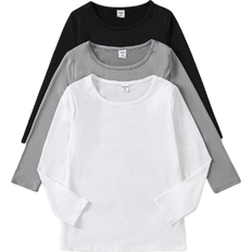 Shein Young Girl Spring And Autumn New Styles, Daily Classic, Casual, Comfortable And Fashionable, Loose Style, Black, White And Gray, Round Neck, Solid Color, Minimalist Style, Long-Sleeved T-Shirt, Suitable For Travel, Dynamic Spring And Autumn
