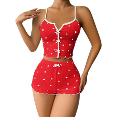 Women Pajamas Shein Women Heart Pattern Spaghetti Strap Top And Shorts Casual Sleepwear Set