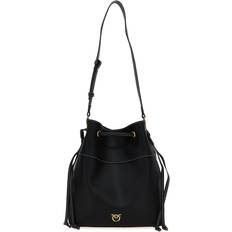 Sort - Unisex Bucket Bags Pinko Læder Skuldertaske Med Love Birds - Sort/Guld