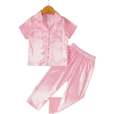 Shein Young Girl Comfortable Pink Striped Short Sleeve Shirt And Pants Set For Leisure