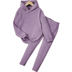 Tween Girls' Knitted Ribbed Hooded T-shirt With Asymmetrical Hem And Tight Pants Two-piece Set
