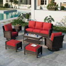 Outdoor Lounge Sets Summit Living 7-Seat Wicker Patio Furniture with 2 Swivel Chairs & 3-Seat Sofa & 2 Coffee Table with 2 Ottoman Sectional Conversation Set Red Outdoor Lounge Set