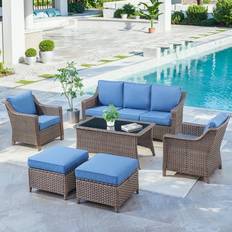 Outdoor Lounge Sets Gymojoy 6-Piece Patio Furniture Oversized Wicker Sofa with Chairs and Coffee Table Sectional Rattan Outdoor Conversation Set for Poolside Backyard Deck Blue Outdoor Lounge Set