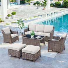 Outdoor Lounge Sets Gymojoy 6-Piece Patio Furniture Oversized Wicker Sofa with Chairs and Coffee Table Sectional Rattan Outdoor Conversation Set for Poolside Backyard Deck Beige Outdoor Lounge Set