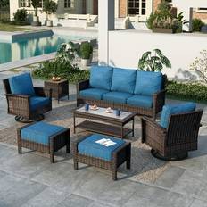 Outdoor Lounge Sets Summit Living 7-Seat Wicker Patio Furniture with 2 Swivel Chairs & 3-Seat Sofa & 2 Coffee Table with 2 Ottoman Sectional Conversation Set Peacock-Blue Outdoor Lounge Set