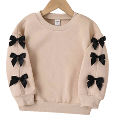 Brown Sweatshirts Children's Clothing Shein Little girls sweatshirt with round neck and bow decoration, suitable for everyday wear