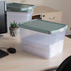 Wham Clip 3x 21.5L Rectangular Plastic Boxes with Secure Clip Lock Lids L:39 x 29 x 25.5 cm Clear/Green Milieu/Stone Storage Box