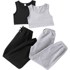 Shein Tween Girls' Casual Solid Colored Sleeveless Top And Sweatpants Set