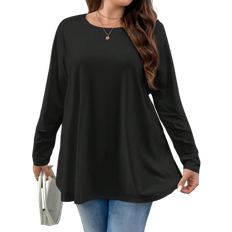 Shein Privé Plus Size Elegant Casual Loose Long Sleeve Round Neck Solid Color Basic Umbrella Hem T-Shirt, Suitable For Homewear And Vacation