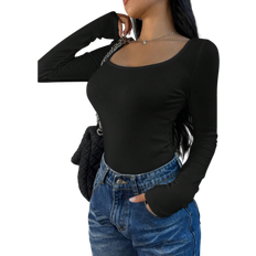 Fleece - Women T-shirts Shein BASICS Women's Casual Solid Color Black Knit Scoop Neck Long Sleeve Slim Fit T-Shirt, Upgraded Thermal Fabric, Fleece Lined Without Bulkiness, Slim Fitted Stretch Undershirt Tee Blouse For Fall And Winter