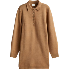 H&M Fine-Knit Dress with Collar - Dunkelbeige