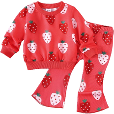 Shein 2pcs Baby Girls Casual Strawberry Pattern Sweatshirt + Pants Set, Lightweight For Spring/Autumn