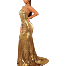 Gold Dresses Shein SXY Fall Women Clothes;Gold Corset Detail Ultra Long Dress; For Cocktail Parties, Romantic Dates, Fall/Winter, Layering, Parties, Formal Events, Bridesmaid Dresses, Night Out, Halloween, Christmas ;Holiday Party Dress;New Year Eve Dress;New Years Women Outfit